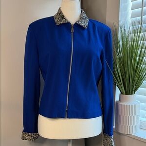Misty Lane  Elegant Blue Women's Blazer with Leopard Colar and Cuffs
